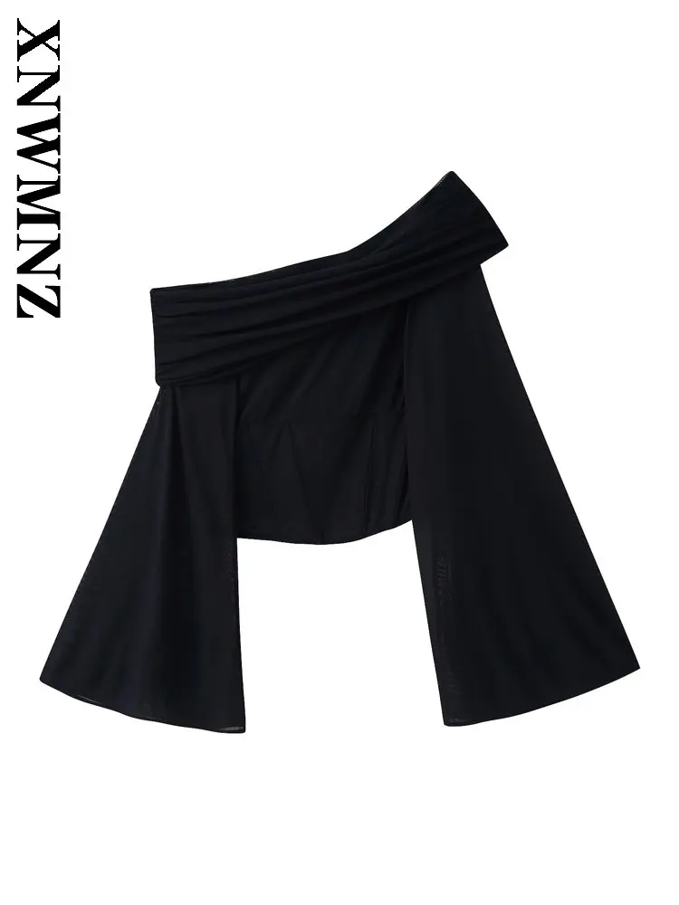 

XNWMNZ 2026 Летняя женская вечерняя повседневная блузка с асимметричным воротником, длинным рукавом, из тюля и шифона, простая винтажная элегантная приталенная блузка для праздников