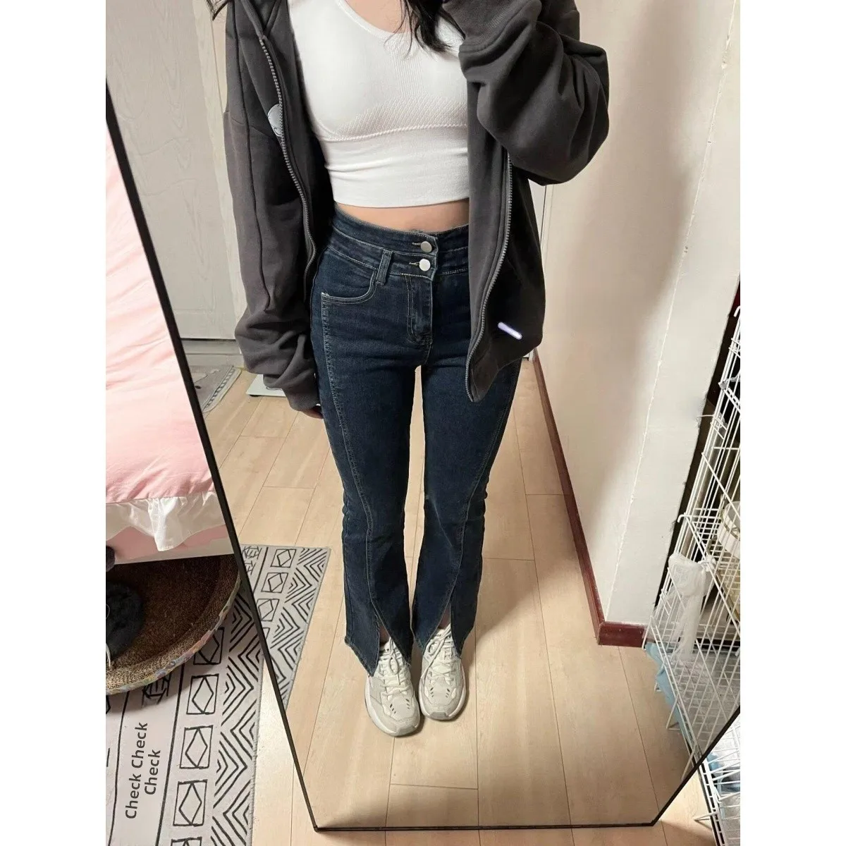 

Джинсы-колокольчики с высокой талией для женщин, осень-зима, большие размеры, утягивающие зауженные джинсовые джинсы с разрезом, повседневная смесь хлопка