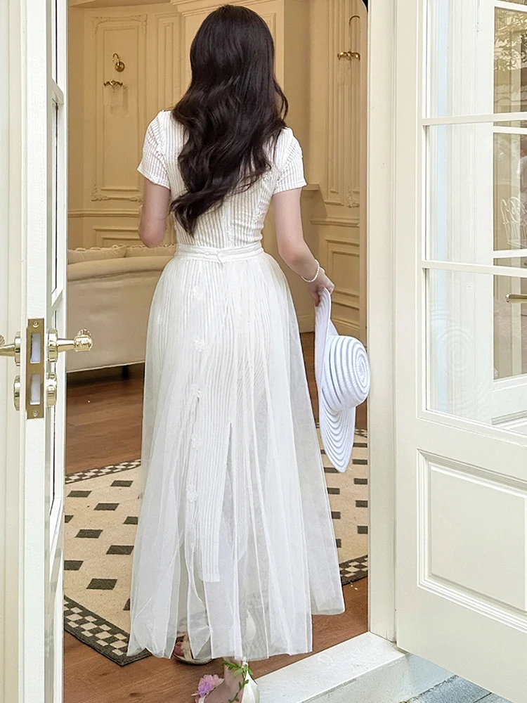 フランス風エレガントロングドレス レディース スウィートフェアリーコア フックフラワー ホローボディコンローブ スイング シアーメッシュスカート レディース ホリデーワンピース