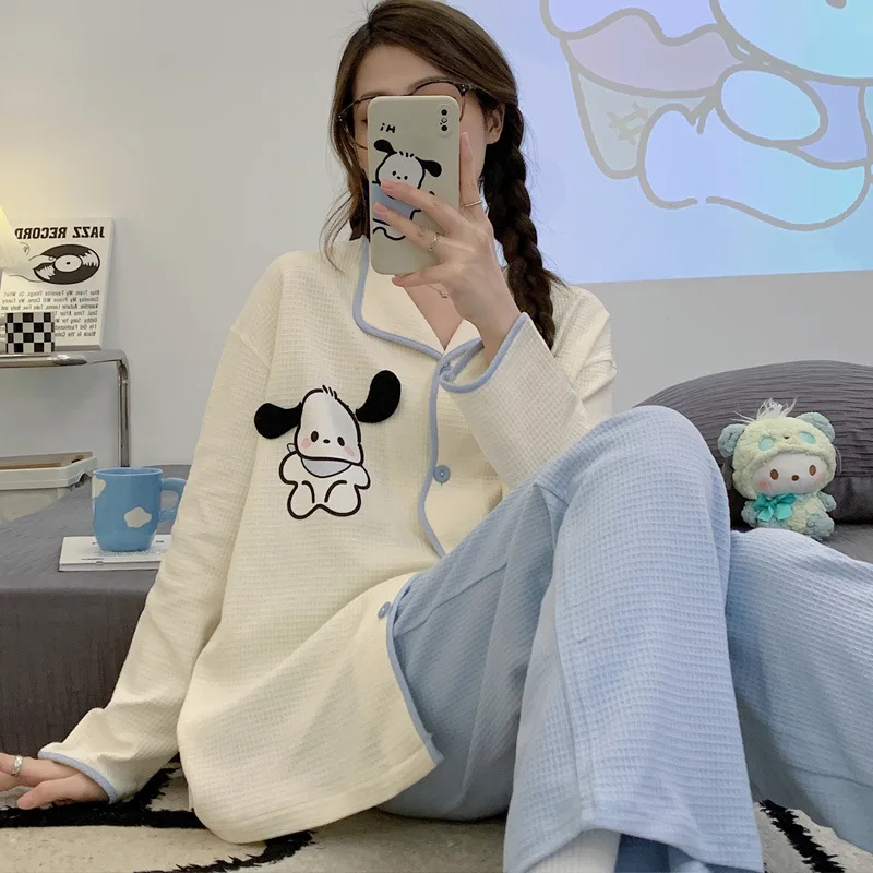 Conjunto de pijama de algodão sanrio feminino, calças de manga comprida, cachorro pacha fofo, lounge wear dos desenhos animados, outono, novo