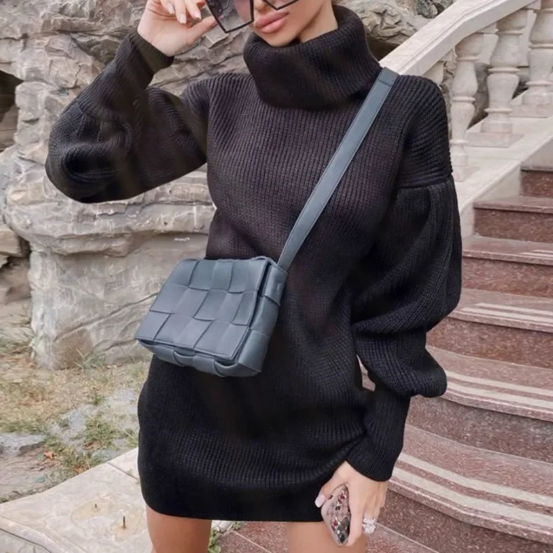 

Women Winter Fashion Long Puff Sleeves Turtleneck Sweater Dress Loose Casual Mini Dress Autumn Knitting Short Dresses Knitwear