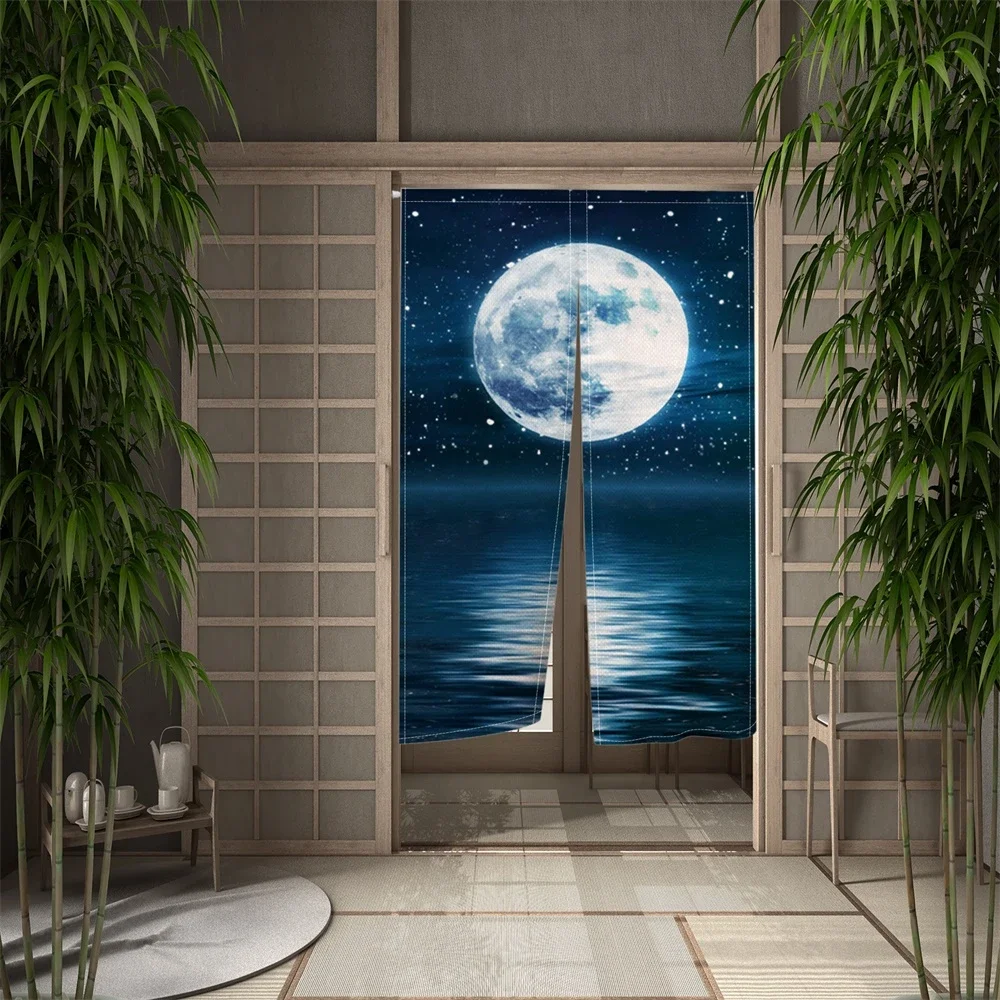 Japanese Door Curtain Moon Night Partition Kitchen Doorway Decorative Drapes Cafe Lzakaya Entrance Noren Hanging Half-Curtain