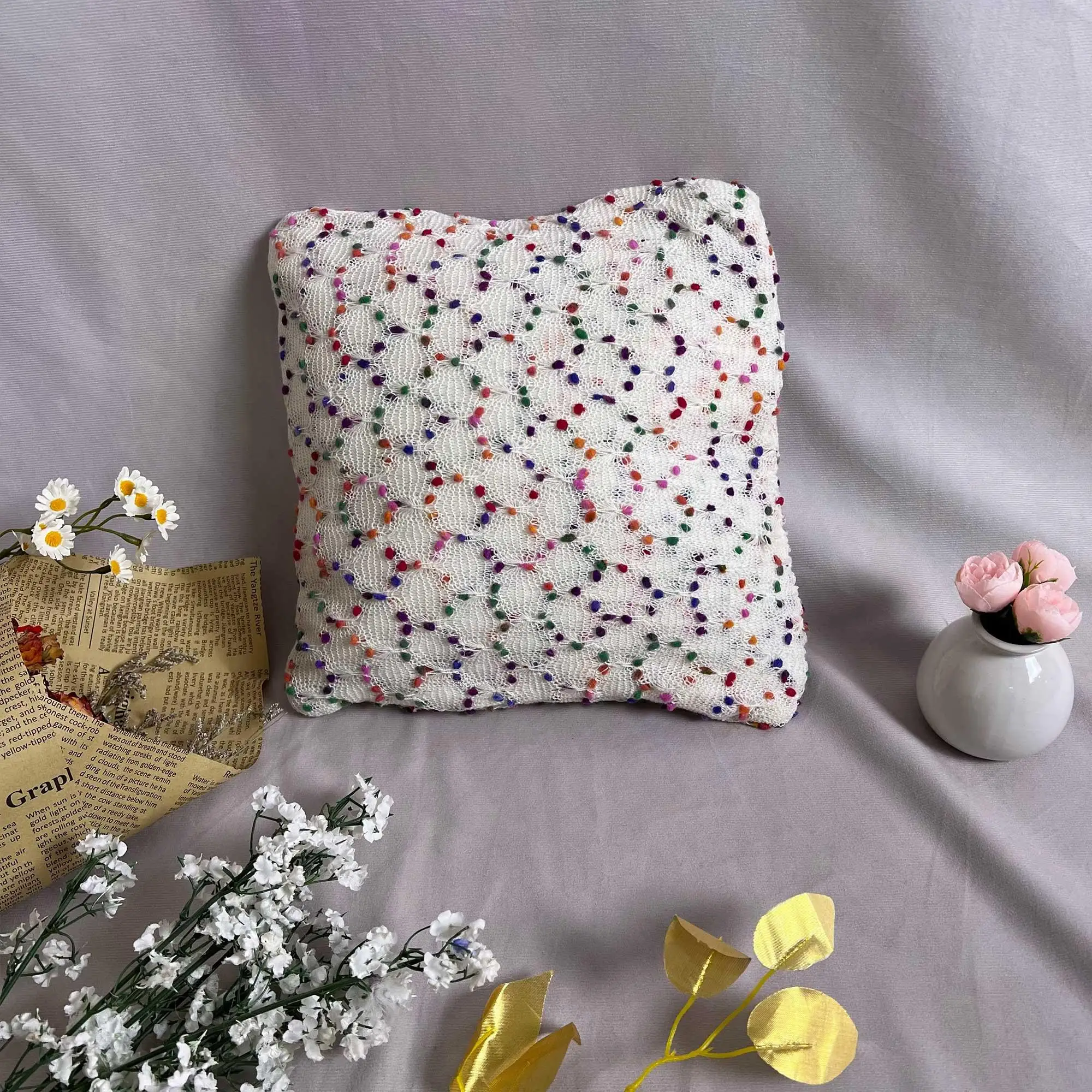 Waist Pillowcases Square Pillow, For Sofa Bedroom Decoration Sofa Accessory, White Rainbow Dots. Soft Decor