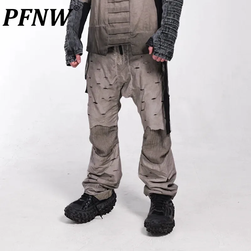 PFNW niche design Mud Dyeing Hollow Hole Broken Crotch Splicing Cotton Casual cargo Pants high quality elastic waist trousers