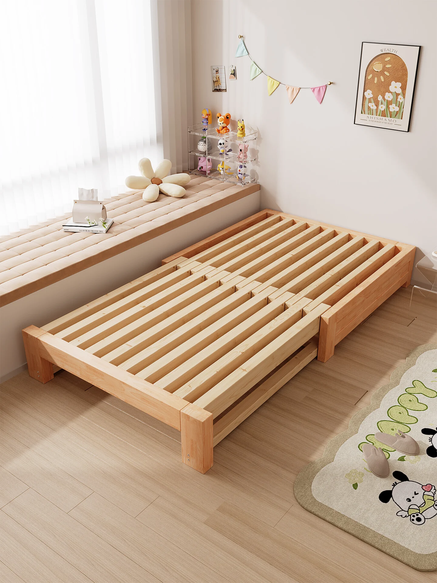 أريكة سرير من الخشب الصلب النقي قابلة للطي مزدوجة الأغراض يمكن أن تنام لفترة طويلة، ملاءة سرير صغيرة بسحب مزدوج تلسكوبي ب