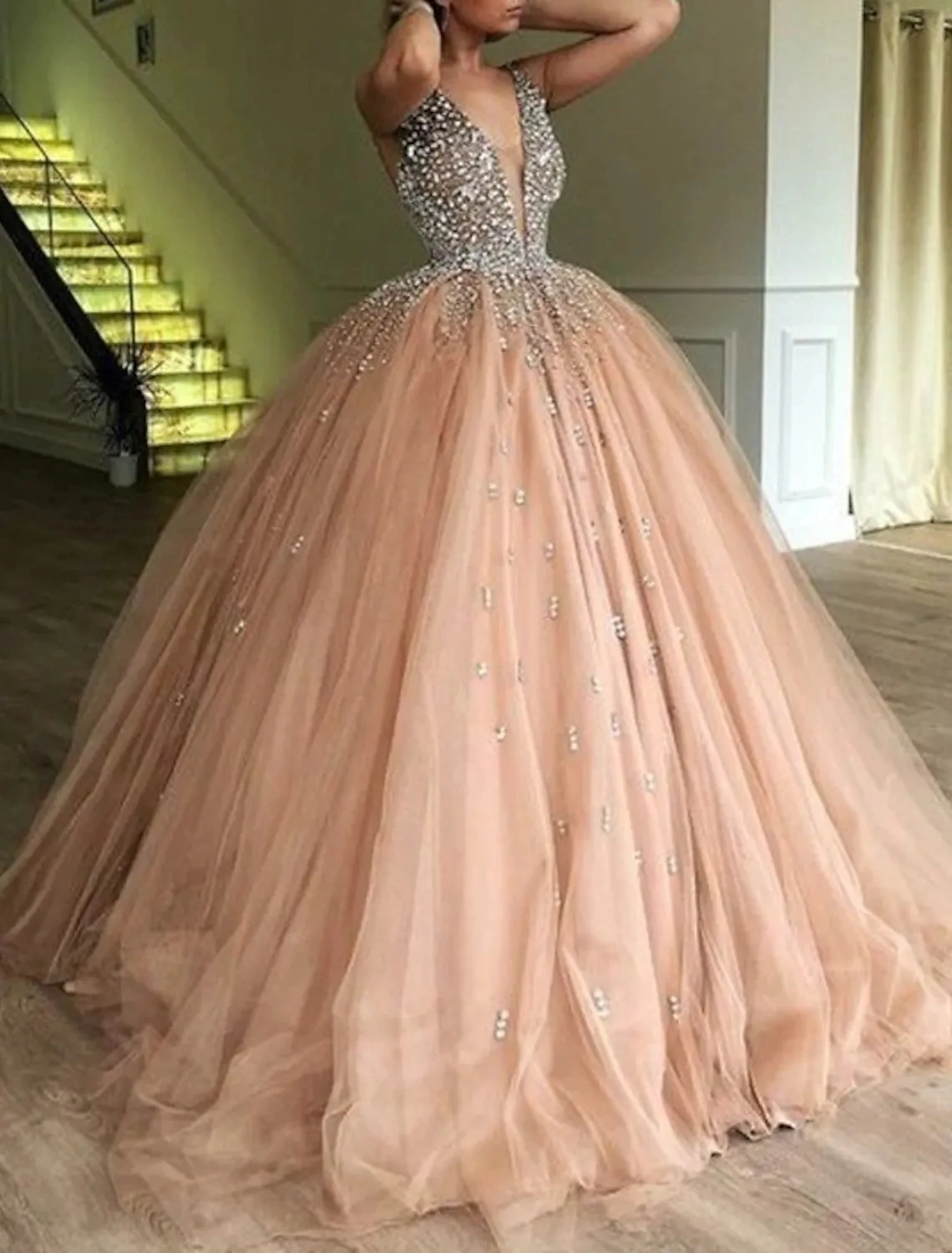 Luxury Peach Pink Prom Formal Dresses V Neck Satin Beading Sequin Tulle Birthday Party Gowns Vestidos 2025 Robe De Soiree