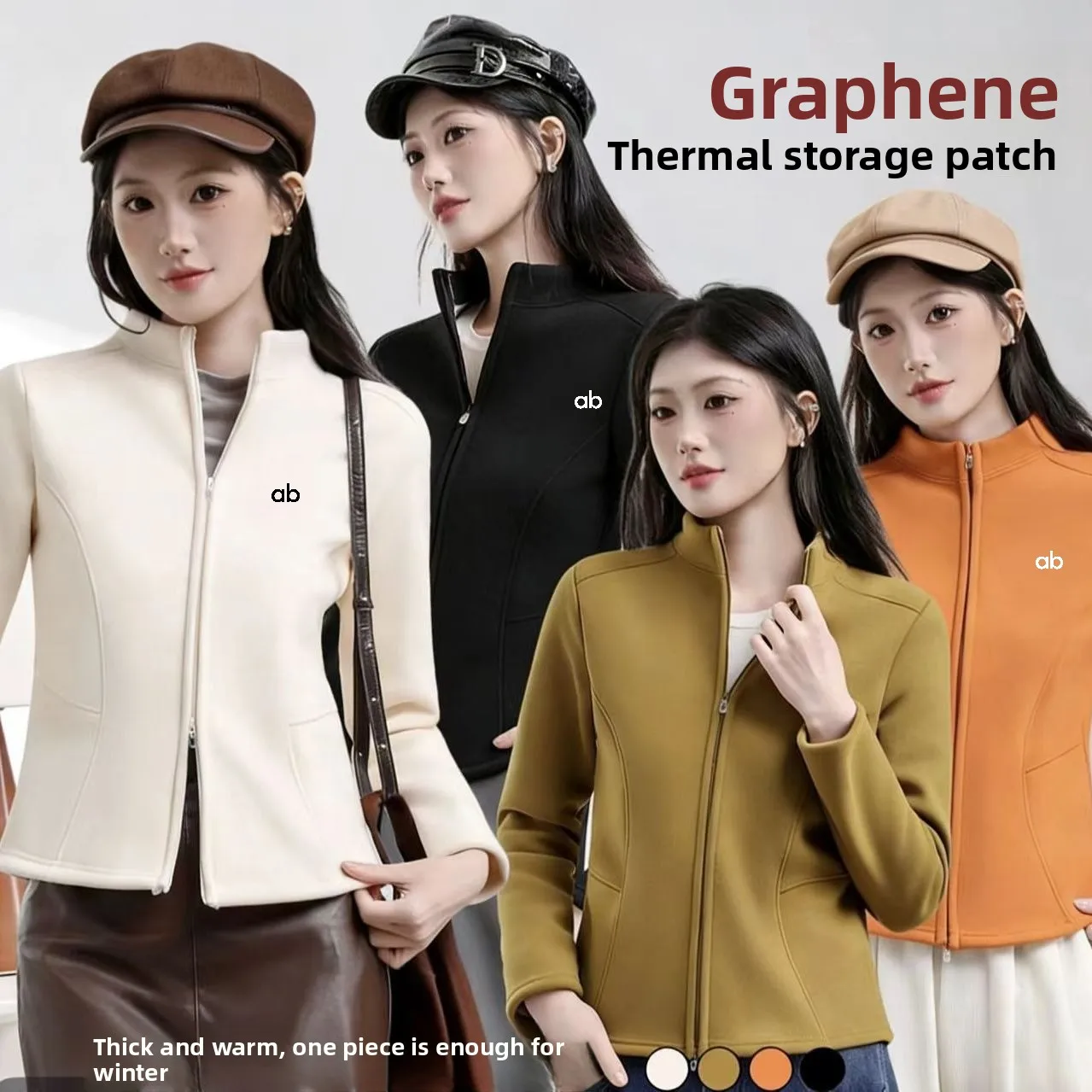 Women Winter Yoga Jacket Double Zipper Graphene Patch Thick Lined Slim Waist Shaping Warm Outerwear