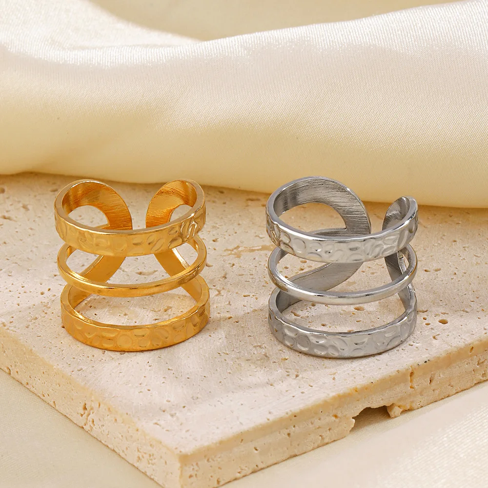Minimalist Texture Stainless Steel Geometric Rings for Women Three Layers Adjustable Open Finger Ring Christmas Jewelry Gifts