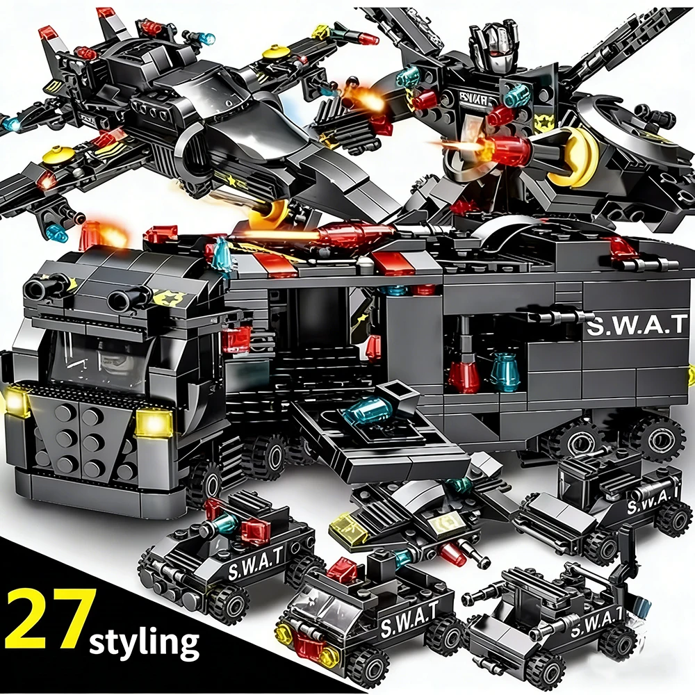 8in1  SWAT  585Pcs Police Station Command Truck Model Building Blocks City Helicopter Bricks Kit Educational Toys for Gifts