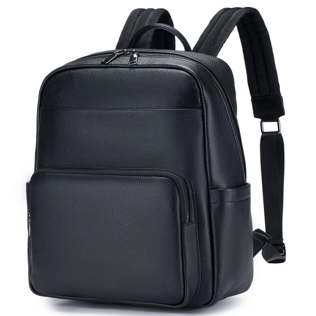 New Men Full Grain Cowhide Backpack, Black Soft Leather Multi-functional Outdoor Casual Fashion Motorcycle Rucksack