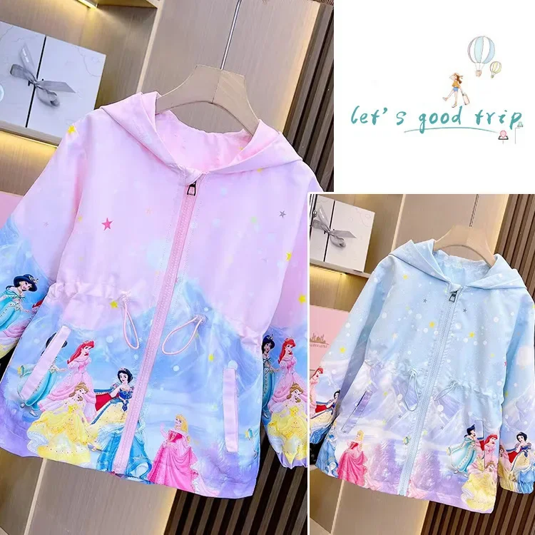 New Spring and Autumn Elsa Jacket Spring and Autumn Cartoon Hooded Mid-length Coat European and American Children\'s Windbreaker