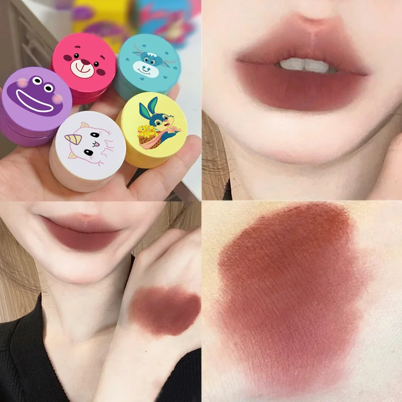 Rouge à lèvres en boîte de 5 couleurs, Mousse mate velours, Animal mignon, brillant solide, résistant à l'eau, rouge brun, maquillage coréen