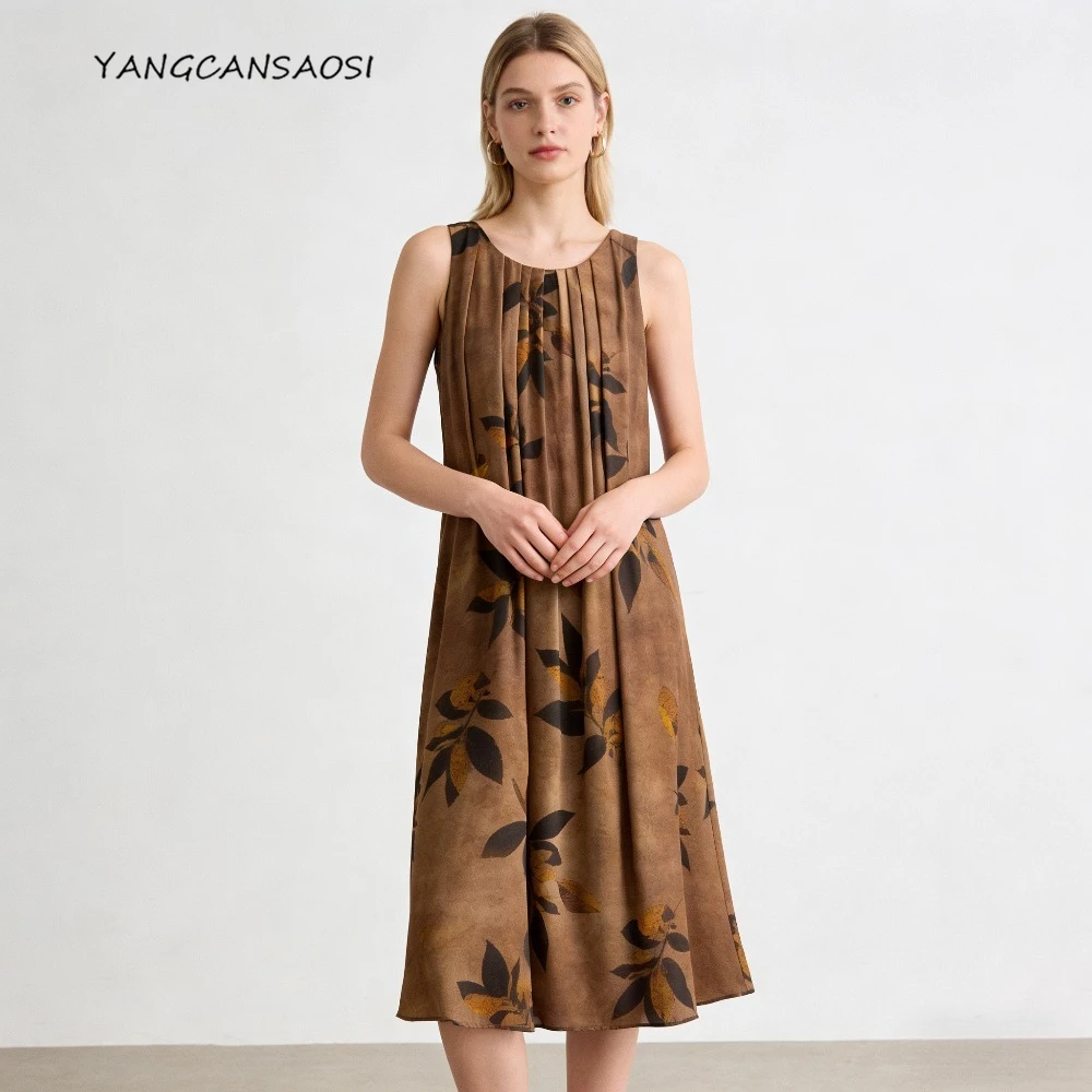 2025年レディースファッション新スタイル100%天然桑絹03クレープデシンラウンドネックナチュラルウエストプリントベストドレス