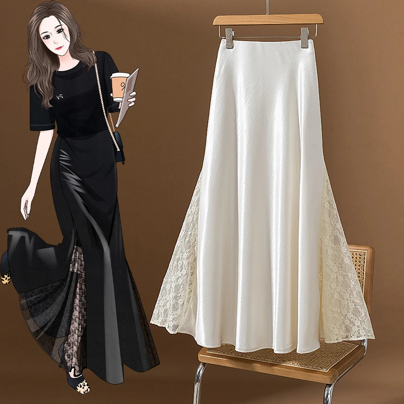 Fashionable Lace Splice Fish Tail Midi Skirt Women's Summer Slimming High Waist A-Line Long Skirt Wrap Body Skirt Polyester