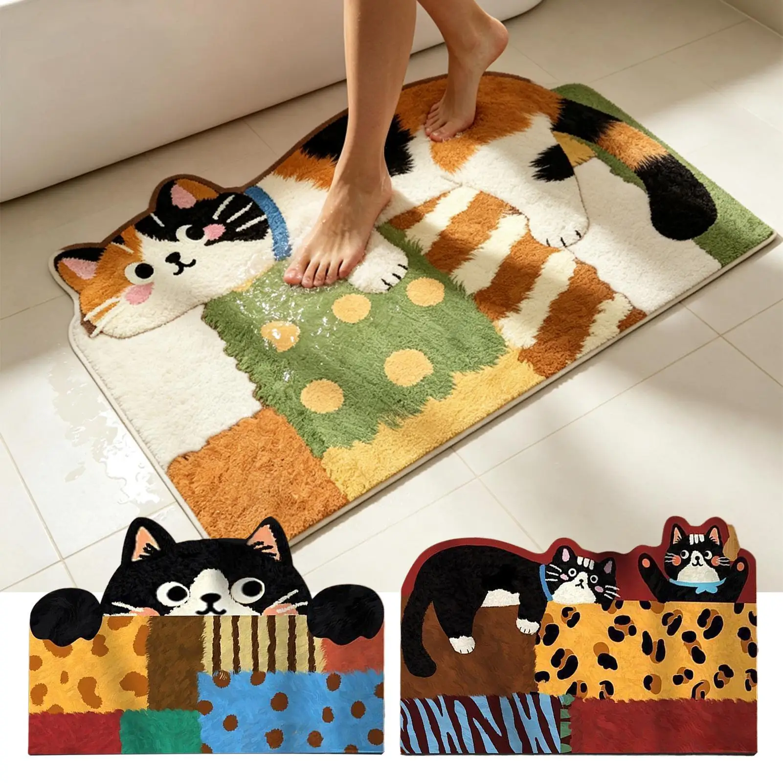 Bathroom Rug Cute Cat Bath Mats Absorbent Floor Mats for Bathroom Bathtub with Non-slip Rubber Bottom Small Size Foot Pads