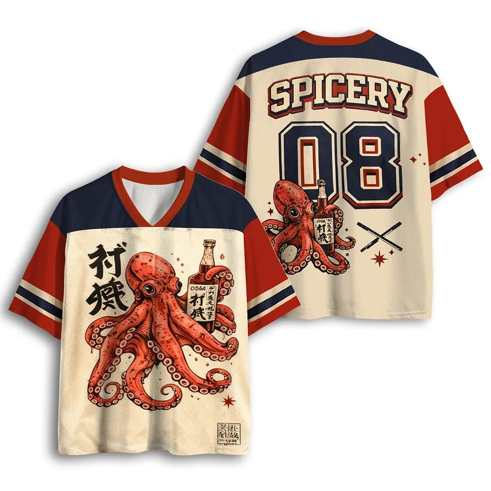 Popular V‑Neck Mesh Sports Jersey Japanese Octopus Art Vintage Retro Jersey Oriental Creature Street Graphic Short Sleeve Tops
