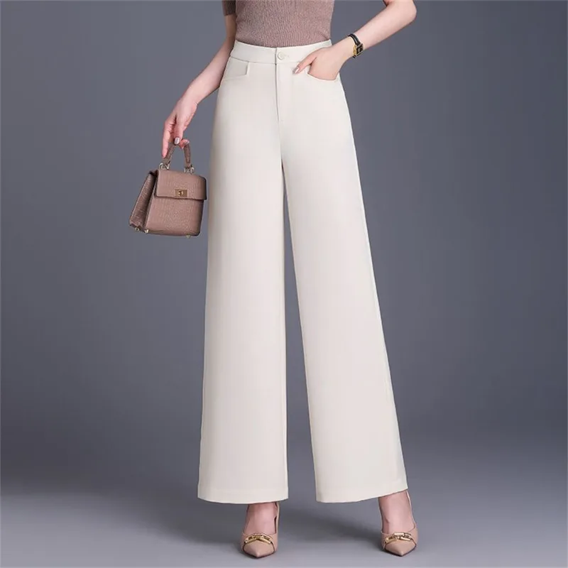 

Women High Waist Straight Wide Leg Pants Solid Color Formal Office Work Trousers With Pockets