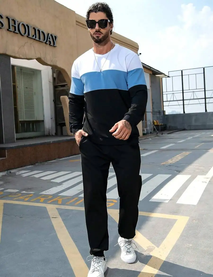 

Mens Colorblock Long Sleeve Pullover Sweatshirt And Jogger Pants 2 Piece Casual Tracksuit Set