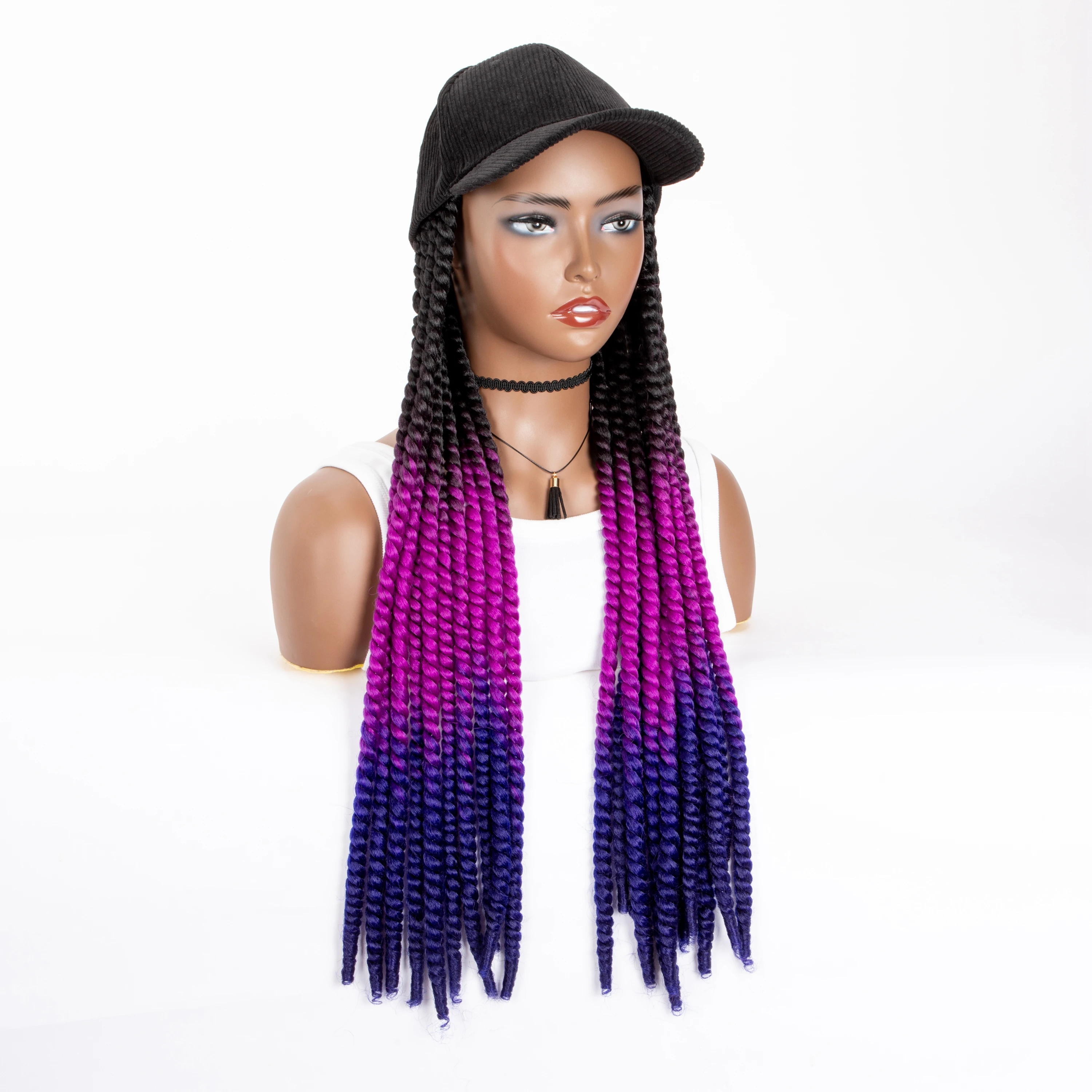 WIGERA Long 22Inch Braided Synthetic Wig With Baseball Cap Hot Sale Two-strand Spring Braids Hair Extensions With Hat