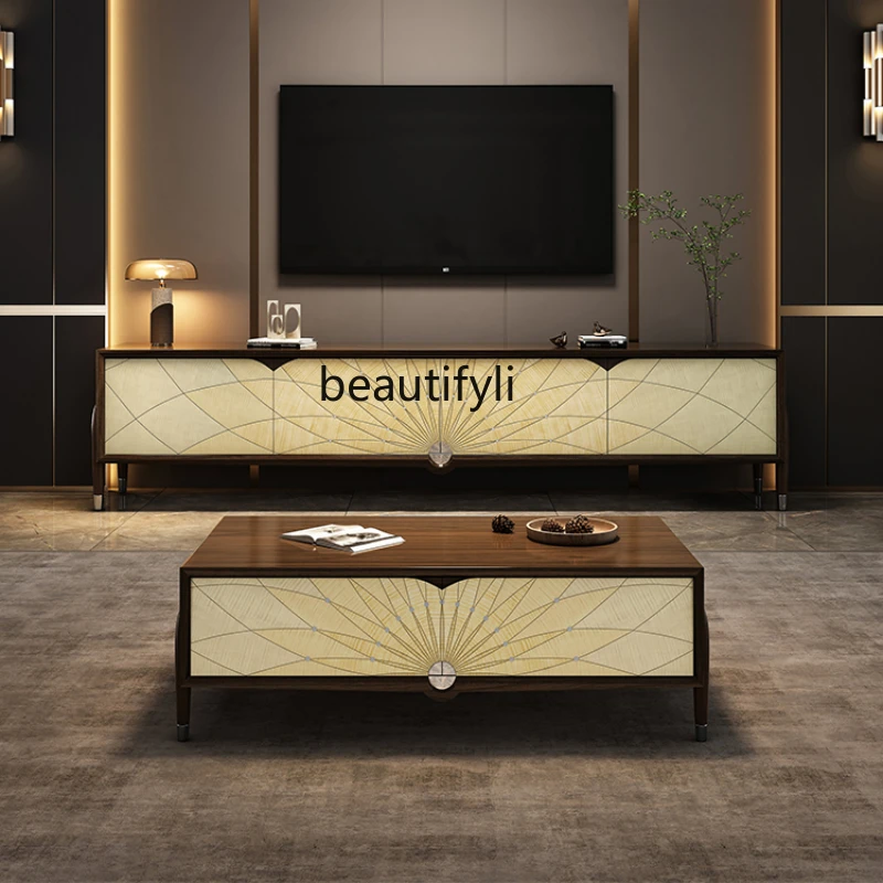 Solid Wood Coffee Table TV Cabinet Combination Italian Affordable Luxury Style Villa Living Room Floor Cabinet Modern