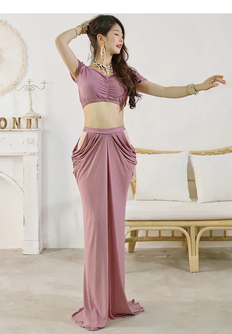 Vrouwen Buikdans Kostuum Watergaren Top Mesh Rok Volwassen Vrouwen Oefenkleding Set Elegante Professionele Prestatiekleding