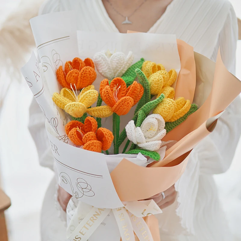 Hand-knitted Open Tulips Mixed Color Finished Bouquet Simulation Cotton Flowers Gift for Birthday Home Desktop Ornaments