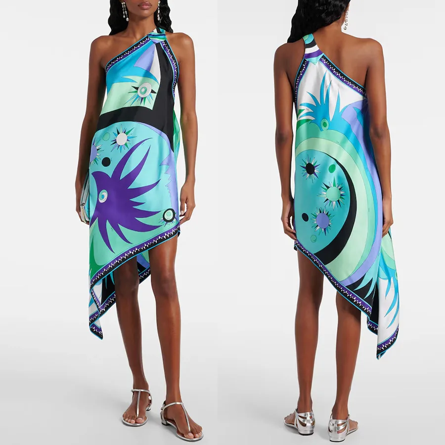 2025 Primavera Verano nuevo satén posicionamiento estampado hombro asimétrico INS vestido de vacaciones Casual