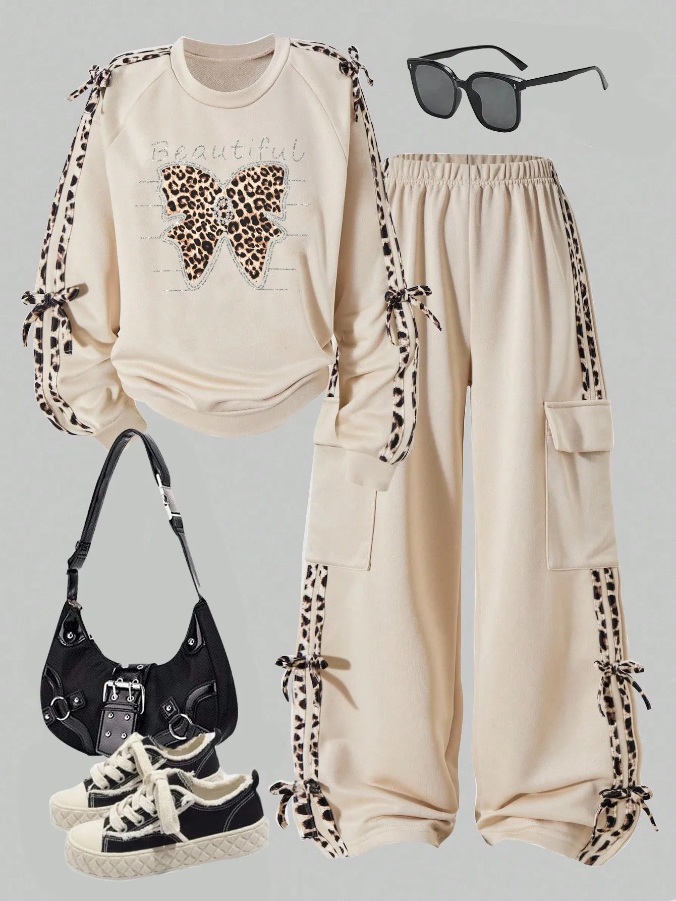 Girls' Autumn Outfit Set: Apricot Long-Sleeve Crewneck Sweatshirt + Loose Pocketed Long Pants Two-Piece Set, Children's Leopard Print Butterfly Print Set Suitable for Girls Aged 8-12