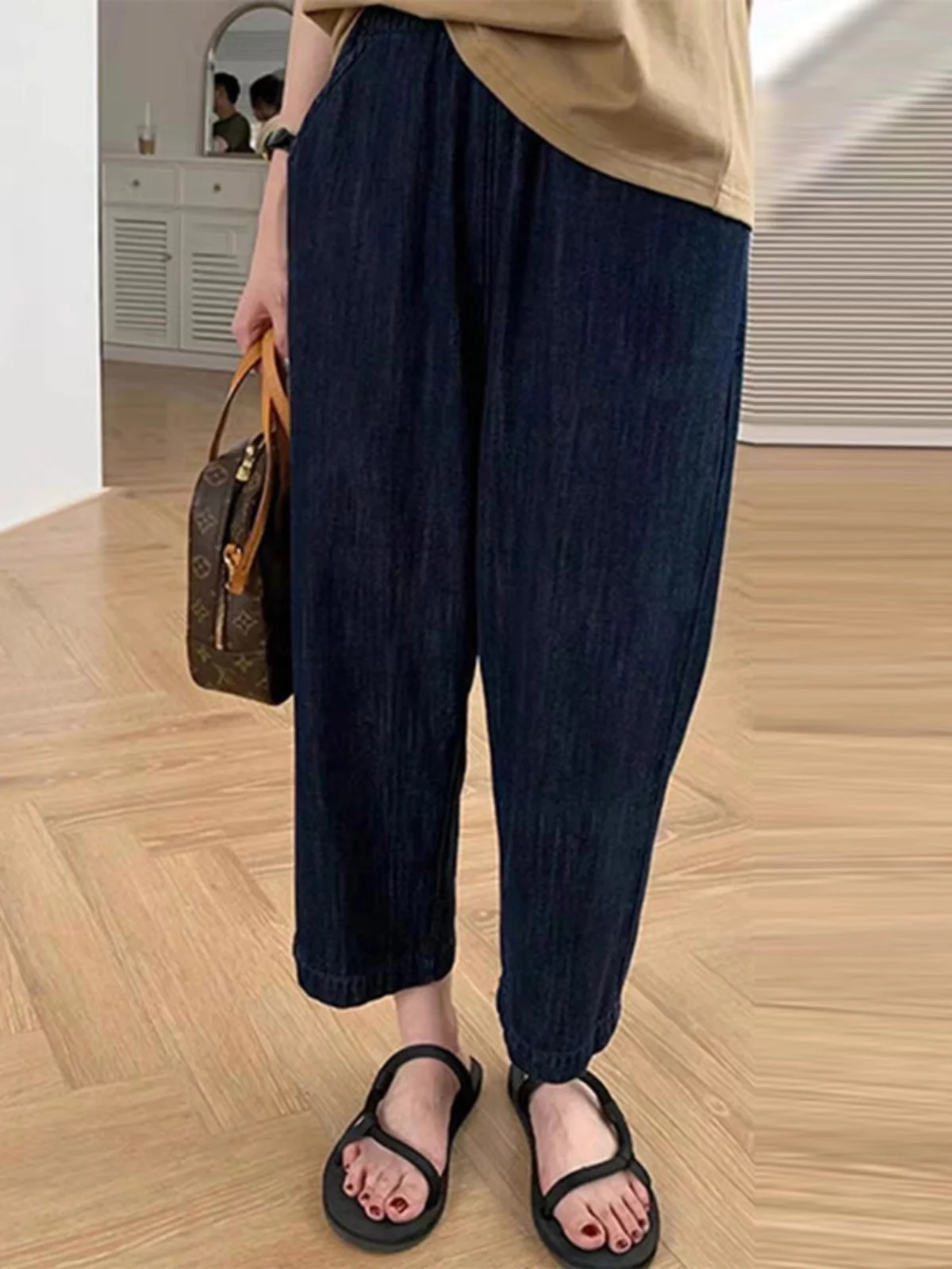 

High Waist Elastic Waist Summer Thin Wide Leg Jeans Women's plus Size Short Straight Cut Denim Pants High Waist Straight Leg ...