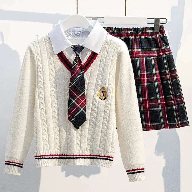 British School Style Girls School Uniform Children's Suit Top and Bottom Clothing Suit