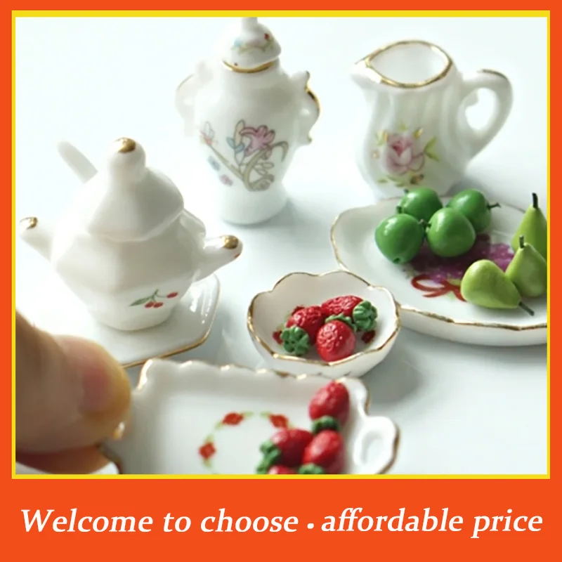 。1Set Ceramic Doll House Decoration Mini Ceramic Tea Kit Simulation Kettle Plate Model Toy 1:12 Dollhouse Miniature Accessories