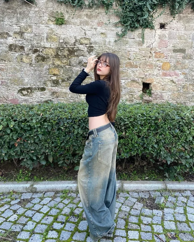 Streetwear New Fashion Solid Color Washed Baggy Jeans Women Y2K Harajuku Vintage Gothic Casual Joker High Waist Wide Leg Pants