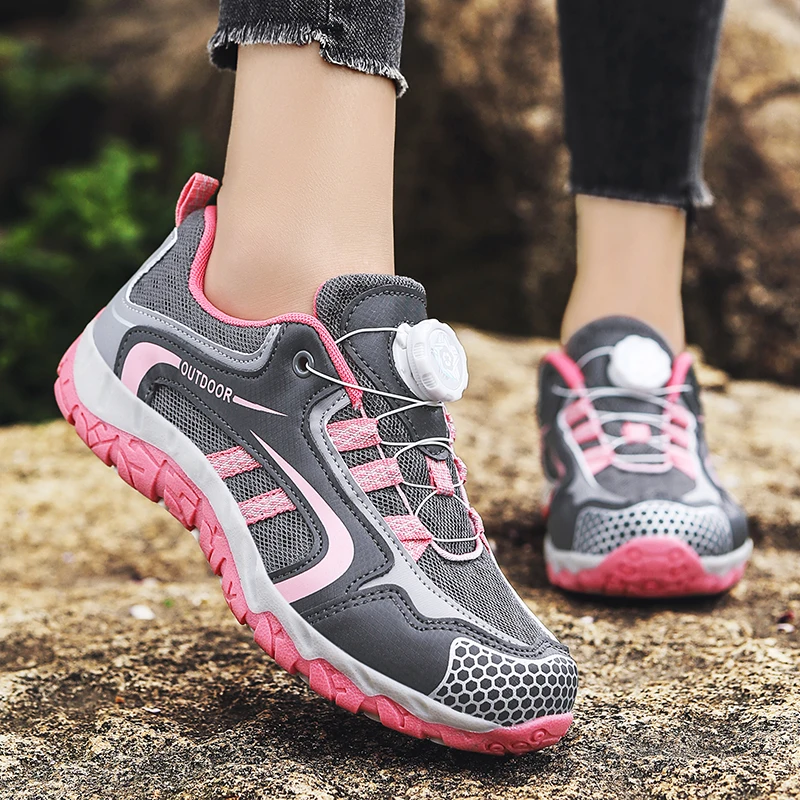 

Женская дышащая походная обувь, Нескользящие треккинговые кроссовки, охотничья сетка с вращающейся пряжкой, уличная повседневная женская обувь, кроссовки
