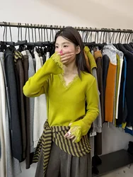 Sexy Beige V-neck Lace Knitted Tops Women 2024 Autumn winter New Bottoming Cardigan Y2k Slim Fit Long Sleeve Sweaters Mujer