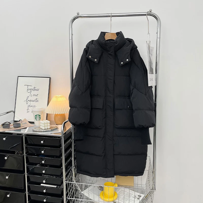 Schinteon Women White Duck Down Jacket with Hood Autumn Winter Warm Outwear Casual Over Size Loose Knitting Patchwork Coat 2023