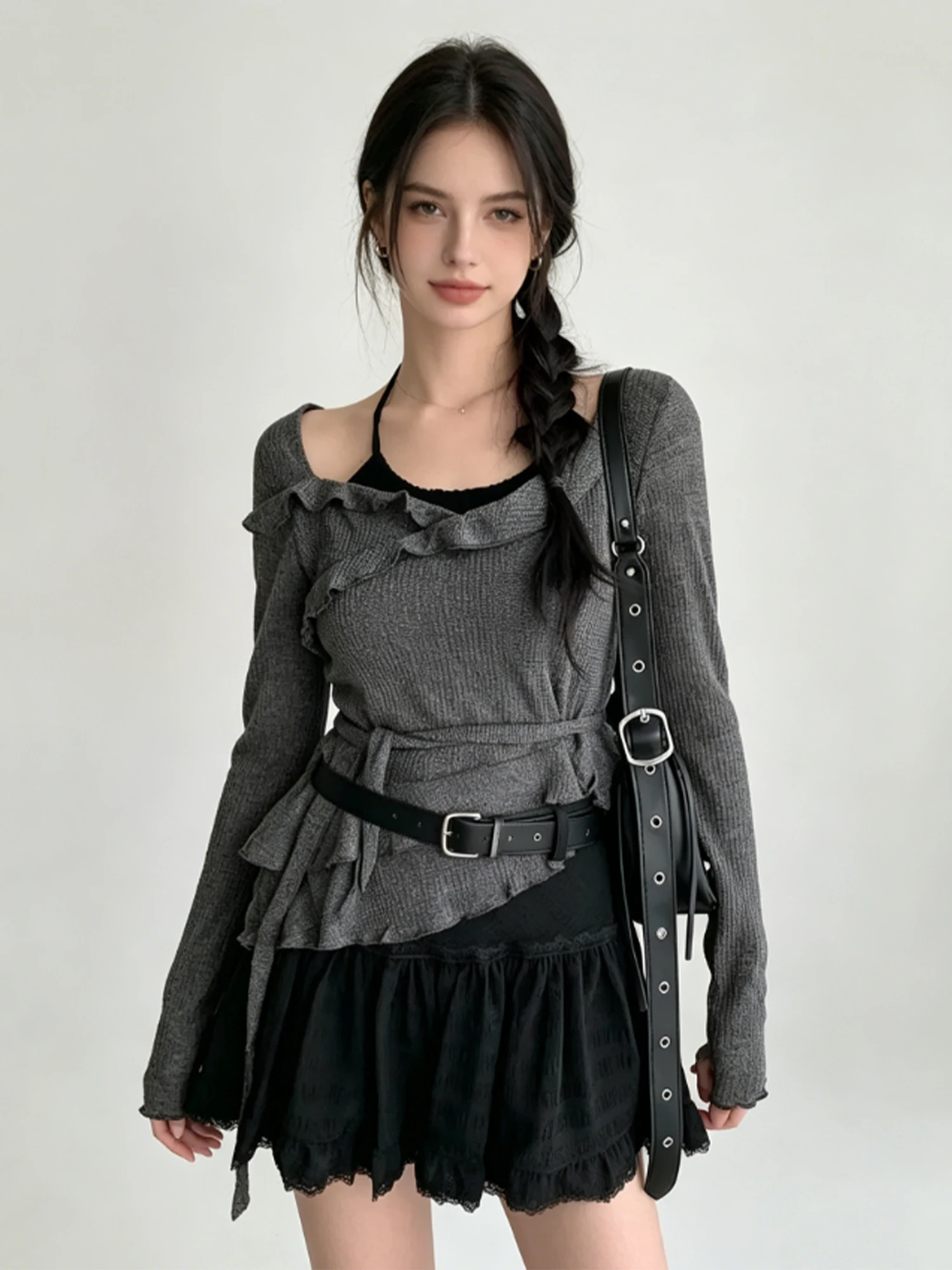 Women Grey T-shirt Long Sleeve T-Shirt Fake Two Pieces Vintage Elegant Y2K Gyaru Korean style Slim Fit Tee Top for Women Autumn