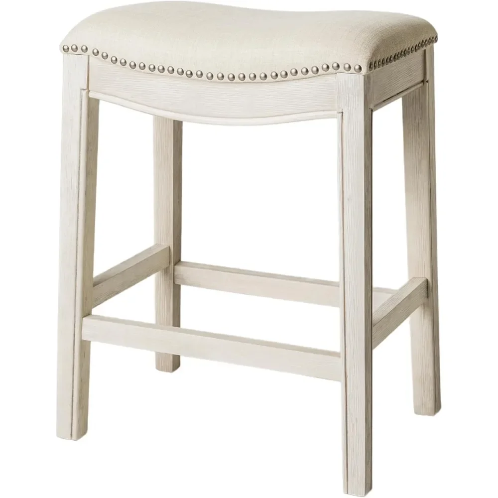 Adrien 26 Inch Counter Height Upholstered Backless Saddle Barstool in White Oak Finish with Natural Color Fabric Cushion Seat