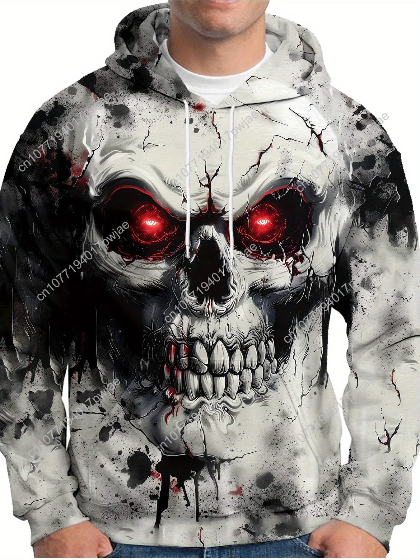 Ganzjahres-Freizeit-Kapuzenpullover mit rotäugigem Totenkopf-Allover-Print, lockere Passform für Herren, gestrickter Polyesterpullover