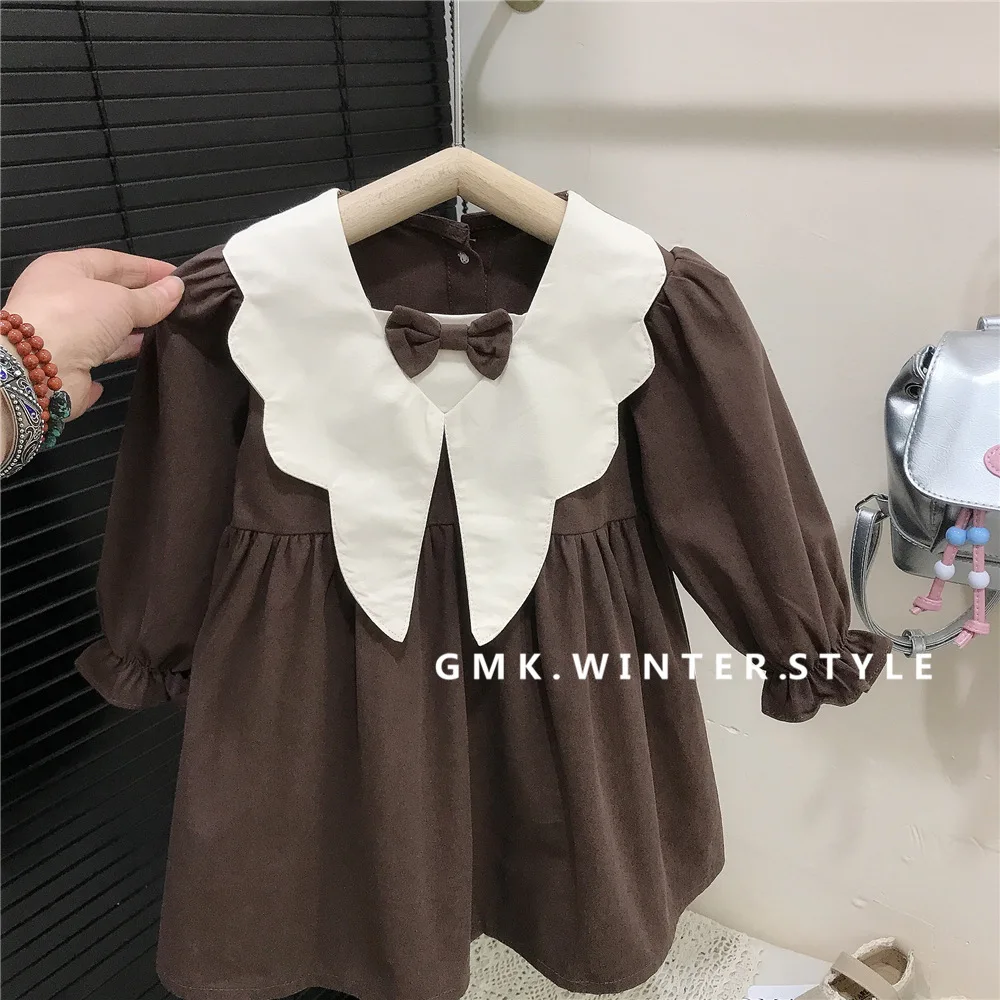 

Spring Children Girl Dress Cotton Bow Splice Collar Infant Baby Girl Vestido Loose Ruched Long Sleeve Little Girl Princess Dress