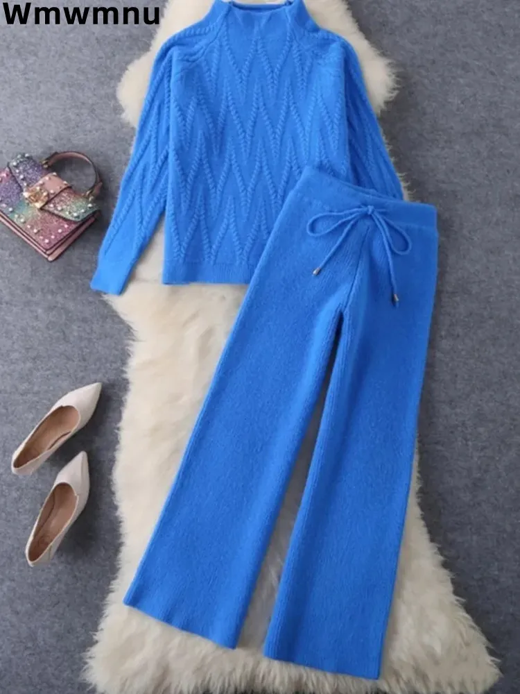 Warm Soft Solid Knitwear Pull Sweater 2 Piece Set Korean Thick Blue Pullover Top Conjuntos Casual Wide Leg Malhas Pants Outfit