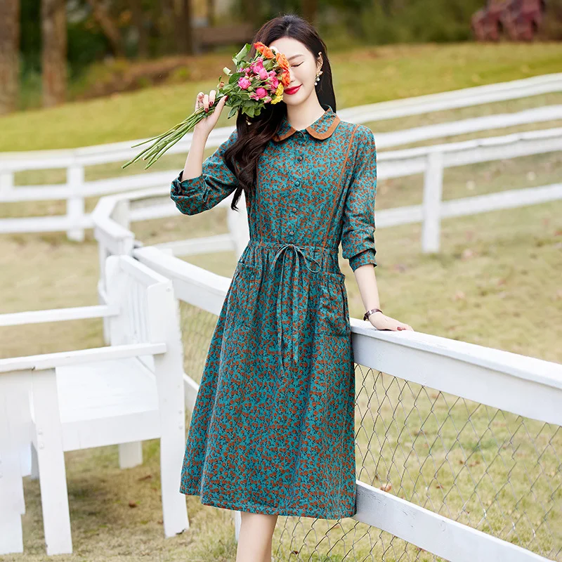 Retro Print Dresses Spring Women Vintage Dress Breathable Literary Pocket Literary Mid-length Floral Doll Collar Tether Clothing