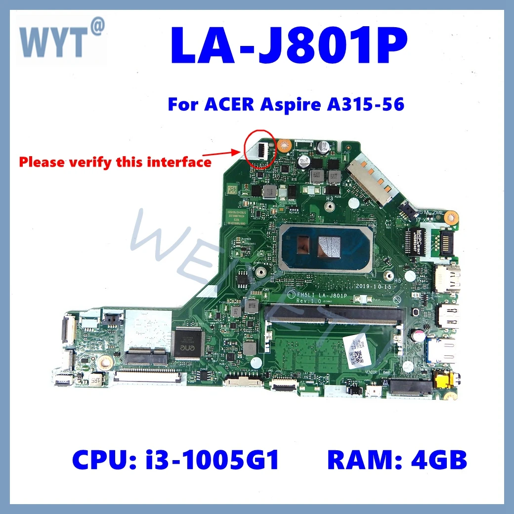 LA-J801P Notebook Mainboard with I3-1005G1 CPU 4GB-RAM For ACER Aspire A315-56 Laptop Motherboard 100% Tested OK