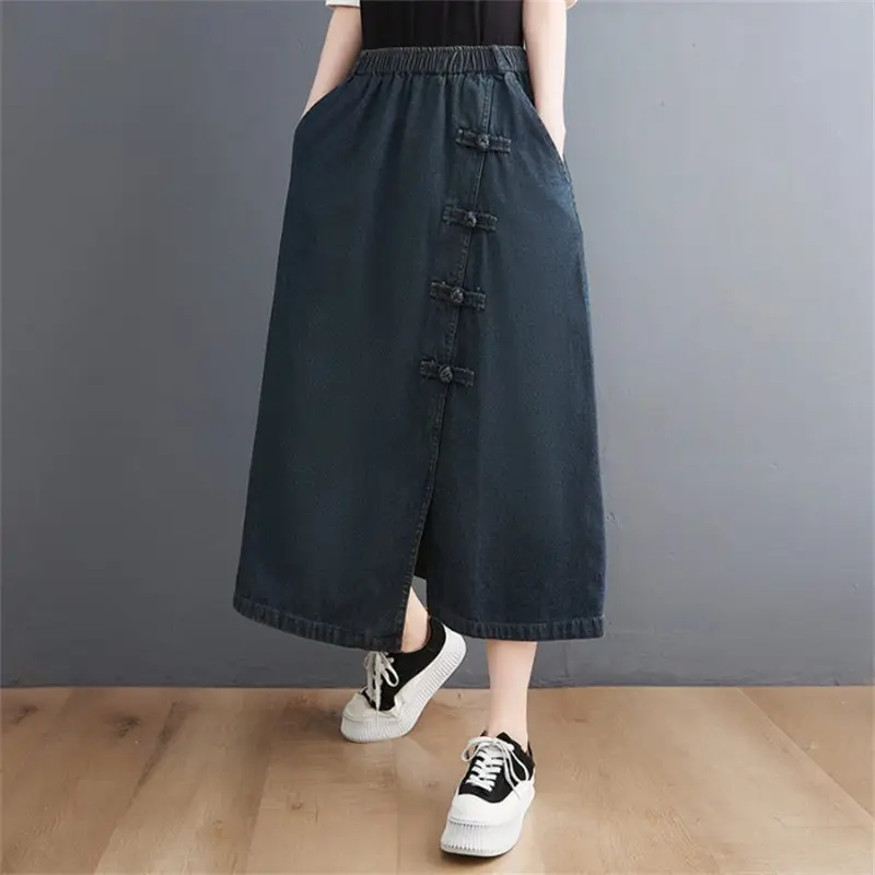 Retro Buttoned Denim Skirt Women\'s Elastic Waist Irregular A-Line Spring Summer Loose Jeans Saias h863