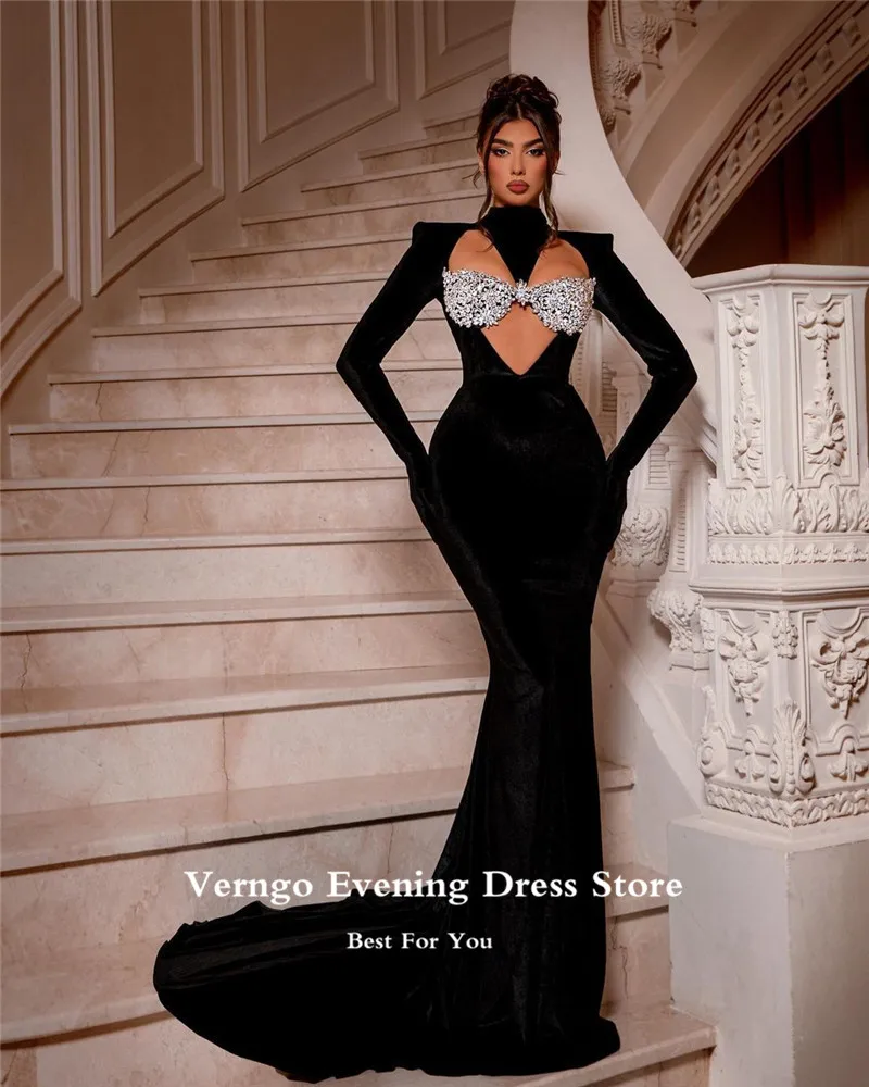 Verngo Modern Black Velvet High Neck Evening Dresses Long Sleeves Gloves Cut-Out Crystal Bra Sexy Dubai Sexy Prom Gowns Party