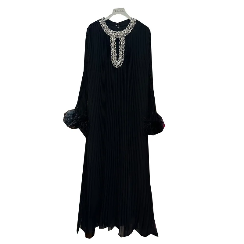 [ZOCI] Rows Vietnamese Cuff Ostrich Hair Decorative Dress Heavy duty Collar Diamond Inlaid Loose Long Dress A2#8073