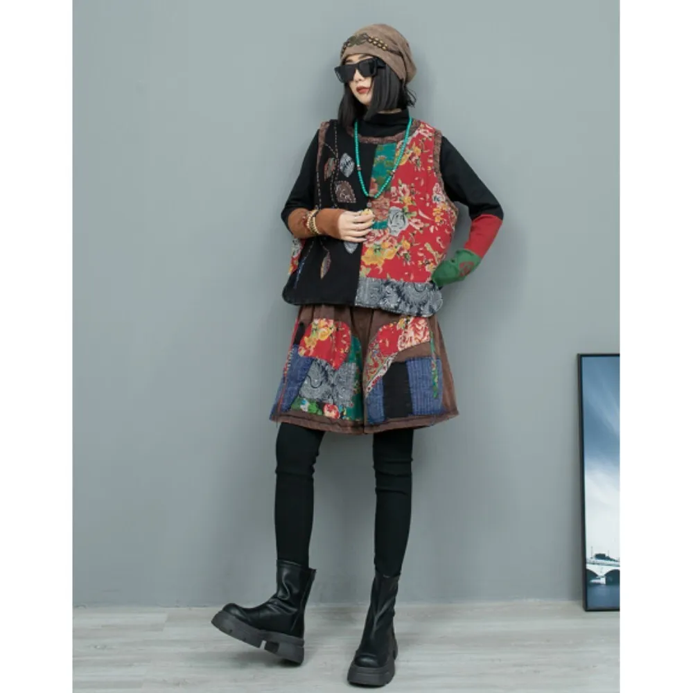 Hand Embroidery Fashion Short Set Women Color Contrast Splicing Old Cloth Cotton Vest + Short Two Piece Set Winter ZF432