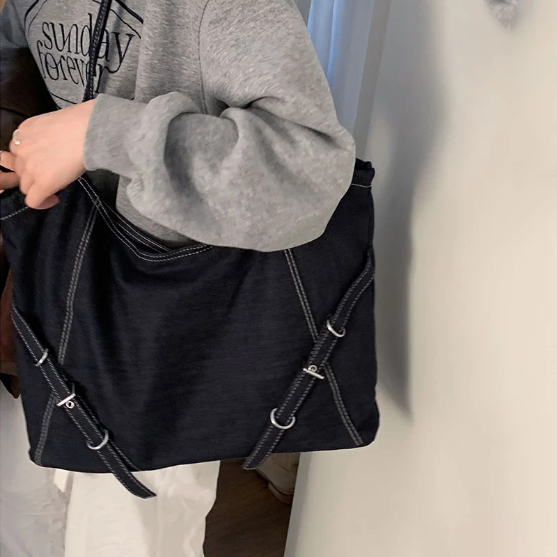 

Korean Simple Denim Bag For Women Fashionable Large Capacity Daily Commuting Underarm Bags College Style Lightweight Tote Bag