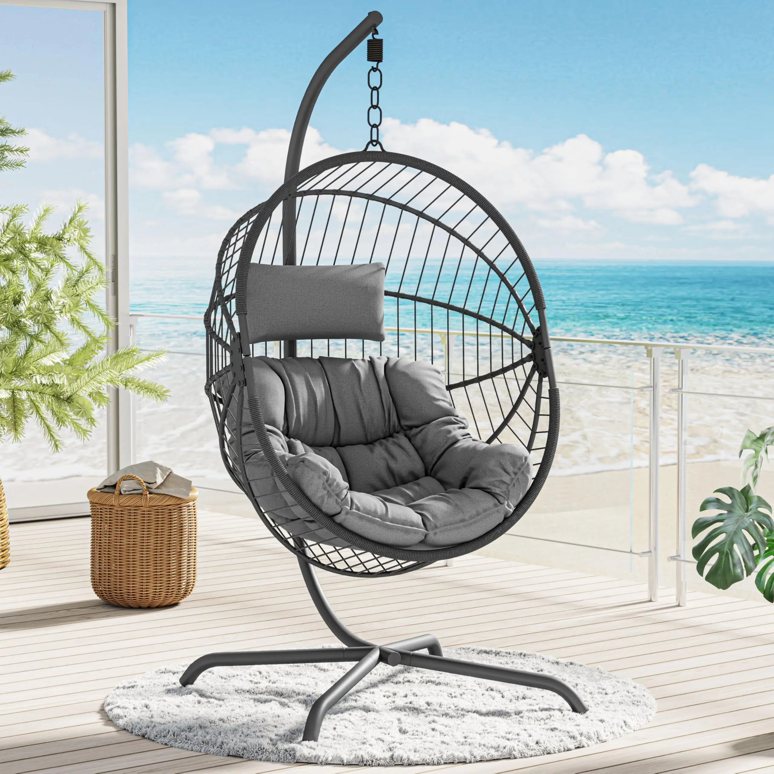 

In Stock Ready to Ship Rattan Swing Egg Chair Patio Hanging Chair Modern Leisure Egg Hammock with Stand