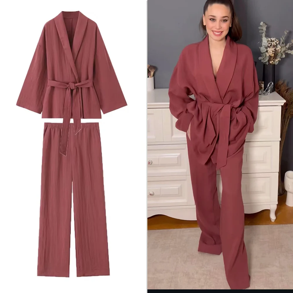 mln vintage calça terno para mulher casual sólido blusa de manga longa com faixas soltas calças compridas chique moda verão conjuntos básicos