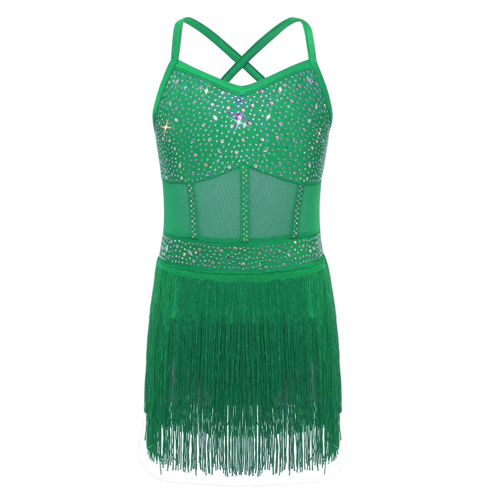 Children Girls Tassel Latin Dance Leotard Dress Tango Cha-cha Samba Rumba Ballroom Clothes Shiny Rhinestone Sheer Mesh Bodysuit